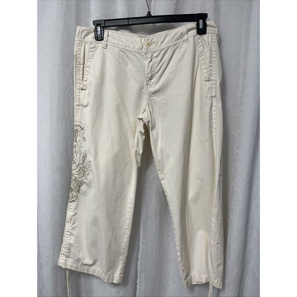 Lucky Brabd Ivory Mid Rise Easy Fit Crop Embroidered Pants Size 14 - Picture 1 of 9